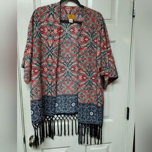 Ruby Rd. Coral & Teal Paisley Open-Front Kimono